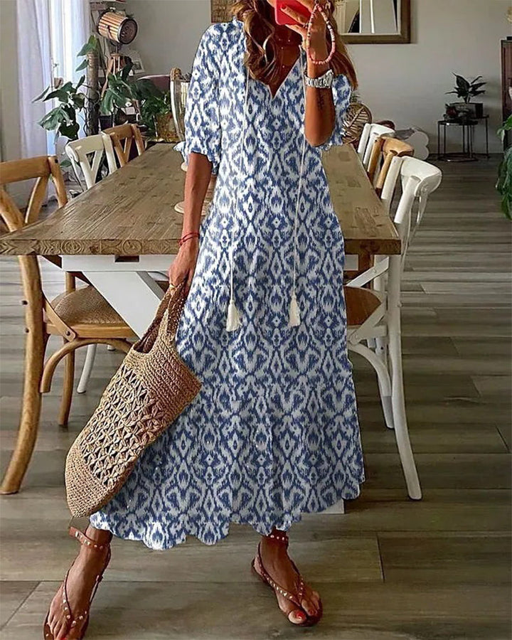 Lauren - Abito Maxi con Scollo a V e Stampa Geometrica