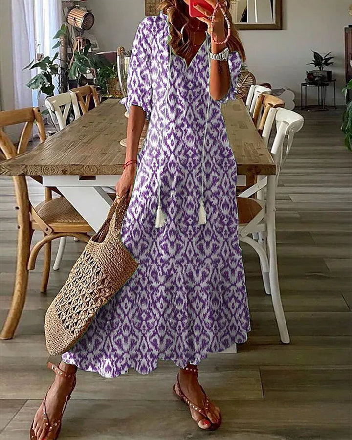Lauren - Abito Maxi con Scollo a V e Stampa Geometrica