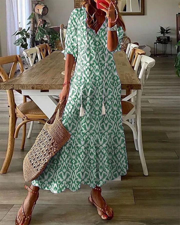 Lauren - Abito Maxi con Scollo a V e Stampa Geometrica