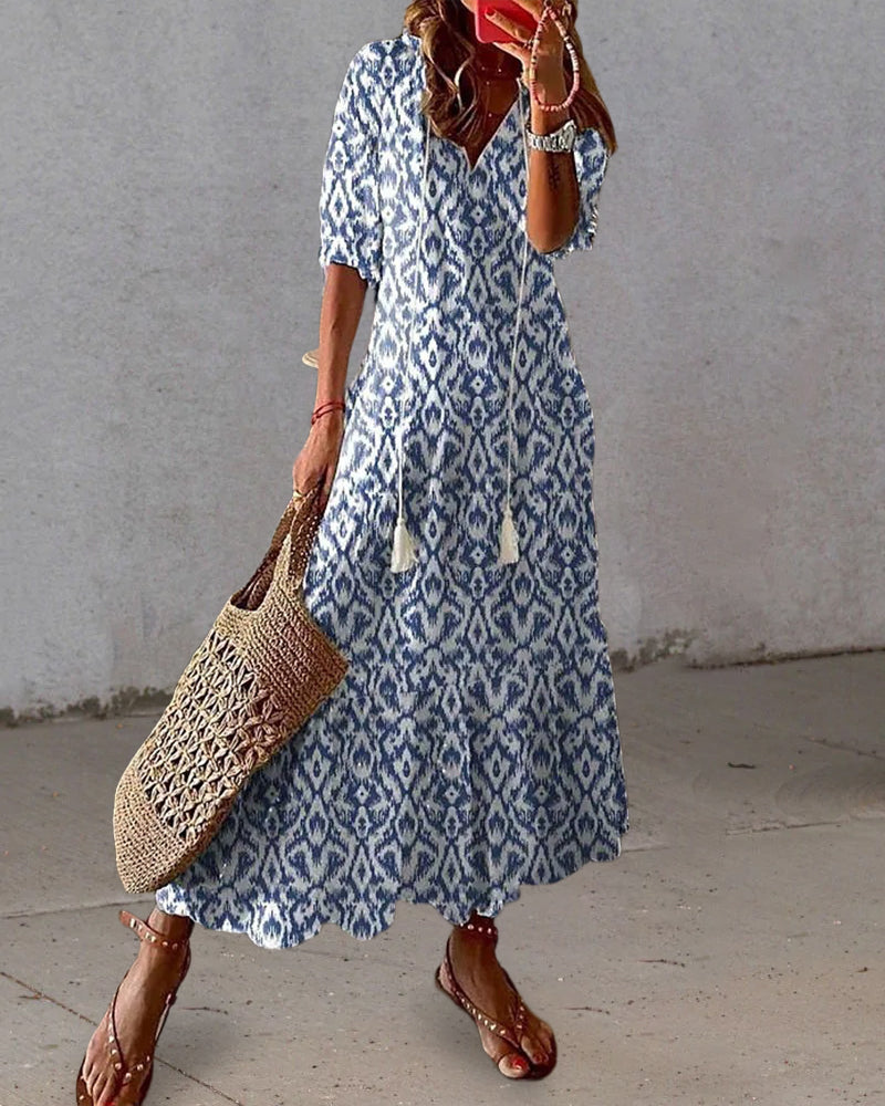 Lauren - Abito Maxi con Scollo a V e Stampa Geometrica
