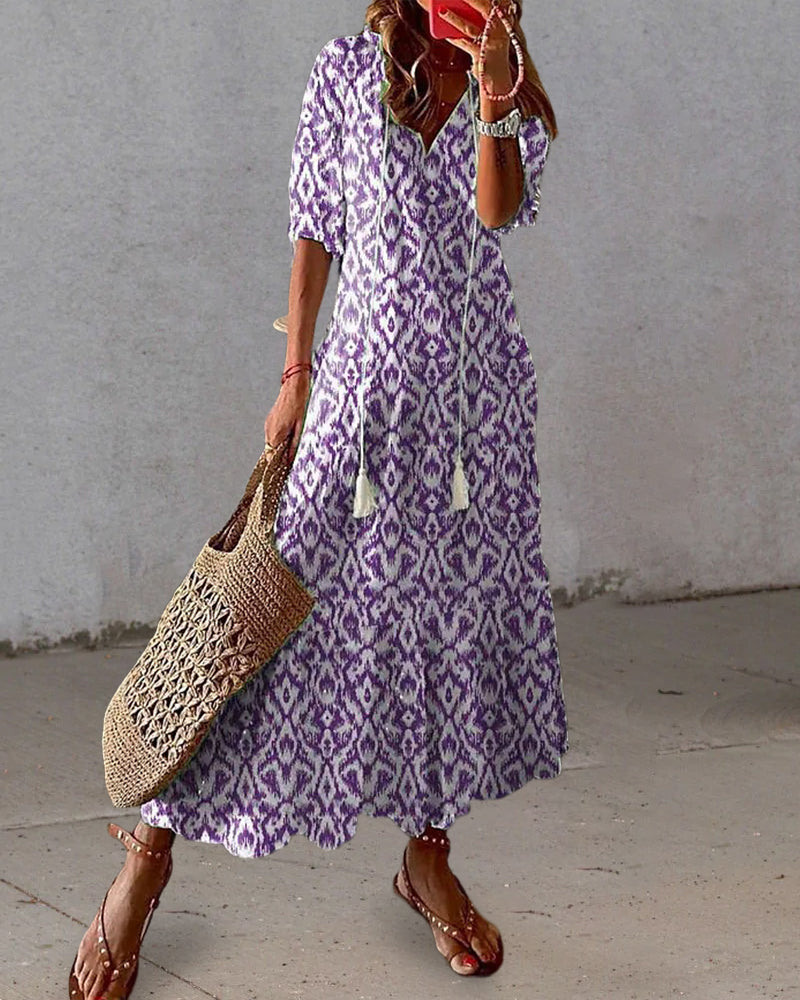 Lauren - Abito Maxi con Scollo a V e Stampa Geometrica