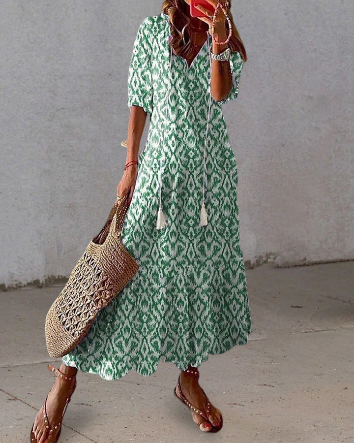 Lauren - Abito Maxi con Scollo a V e Stampa Geometrica