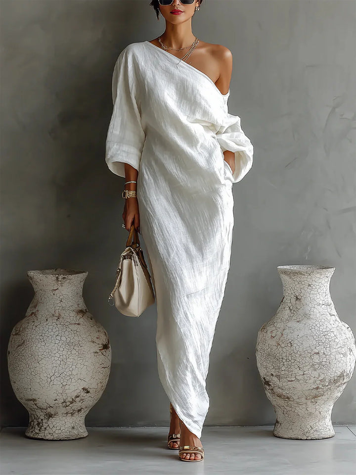 Luna - Abito Maxi Asimmetrico in Misto Cotone-Lino