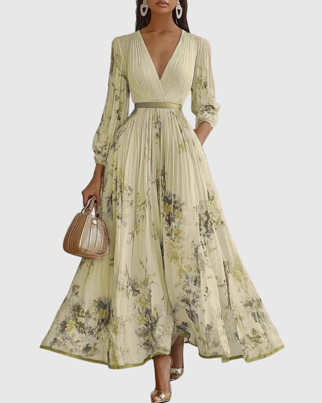 Merel - Abito Maxi con Corpetto Plissettato e Gonna Floreale