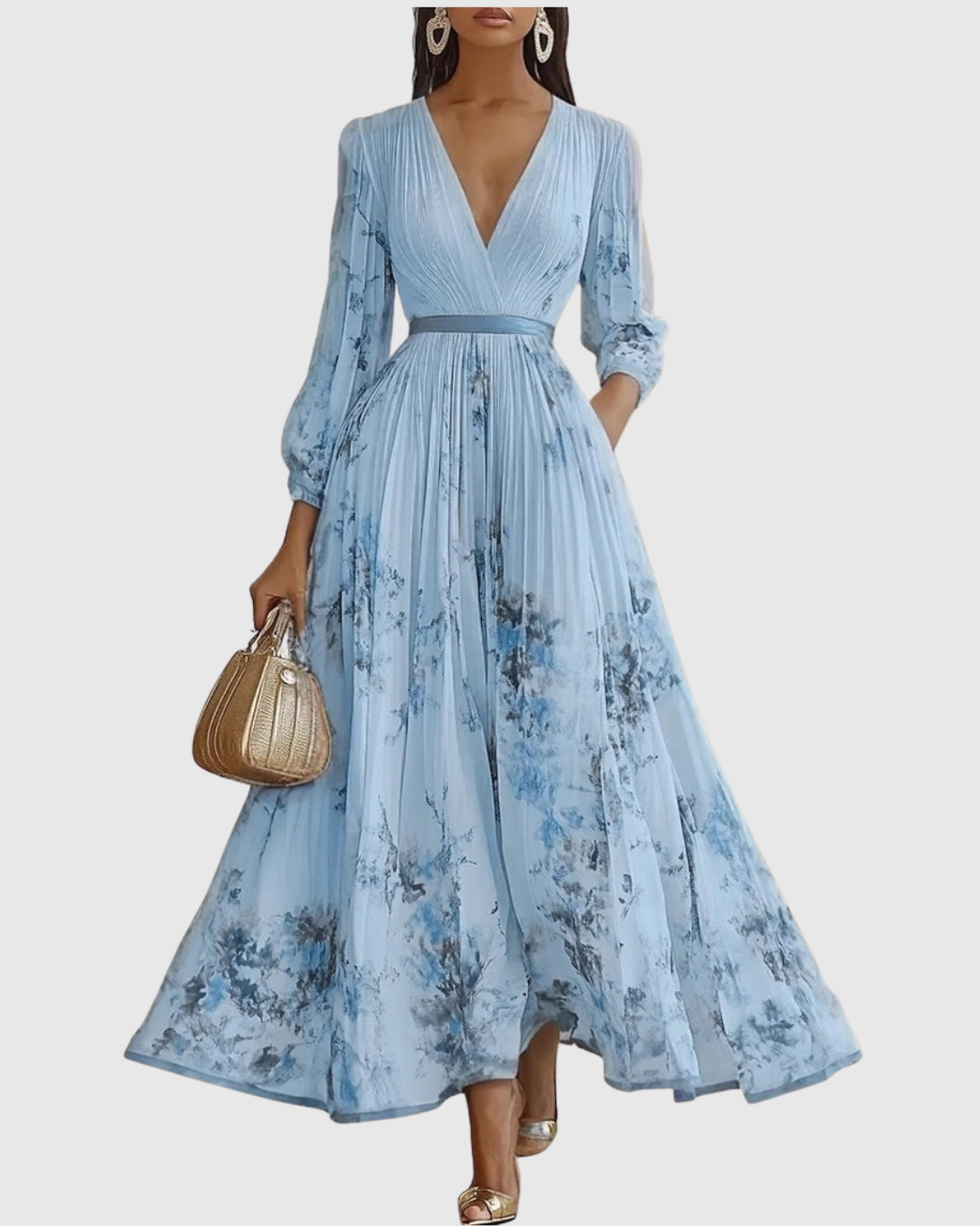 Merel - Abito Maxi con Corpetto Plissettato e Gonna Floreale