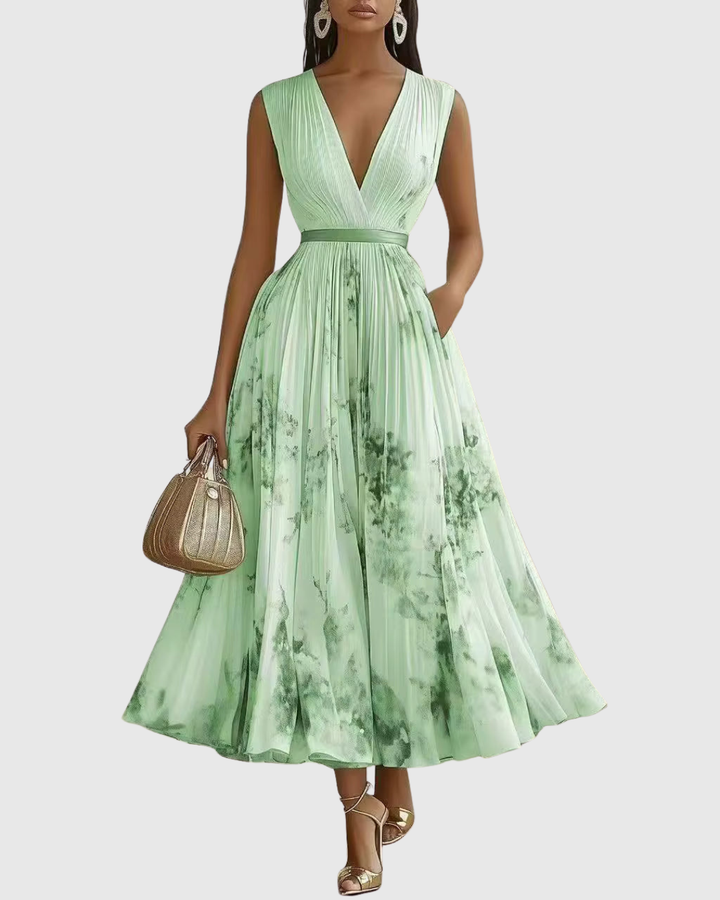 Merel - Abito Maxi con Corpetto Plissettato e Gonna Floreale