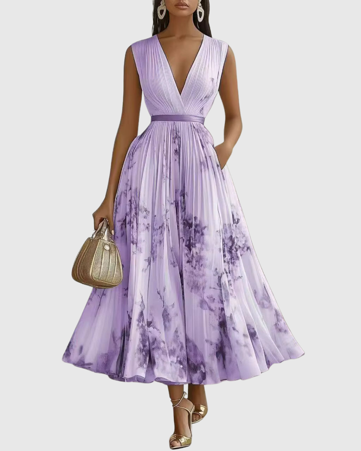 Merel - Abito Maxi con Corpetto Plissettato e Gonna Floreale
