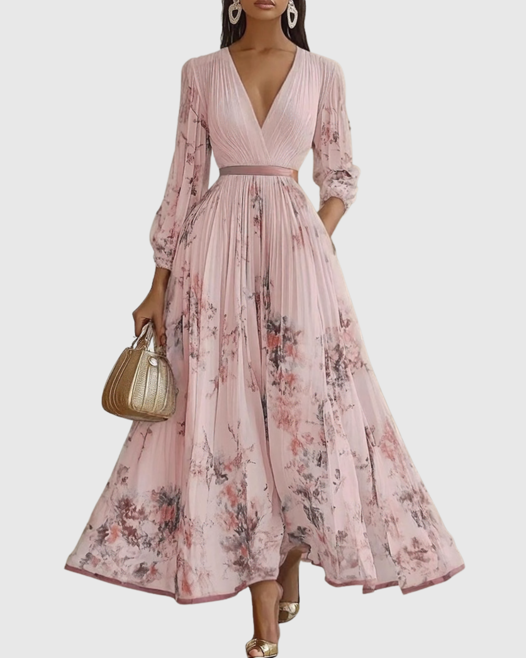 Merel - Abito Maxi con Corpetto Plissettato e Gonna Floreale