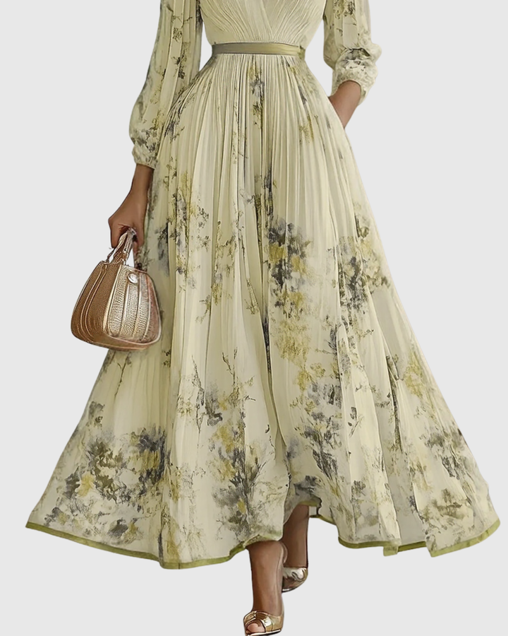 Merel - Abito Maxi con Corpetto Plissettato e Gonna Floreale