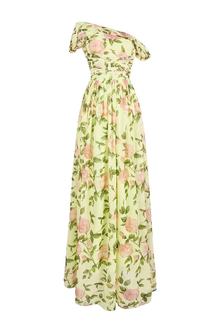 Jasmijn - Abito Maxi Asimmetrico con Stampa Floreale e Spalla Unica