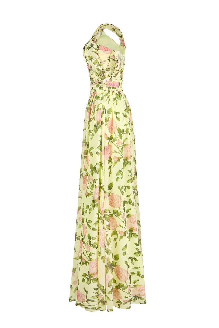Jasmijn - Abito Maxi Asimmetrico con Stampa Floreale e Spalla Unica