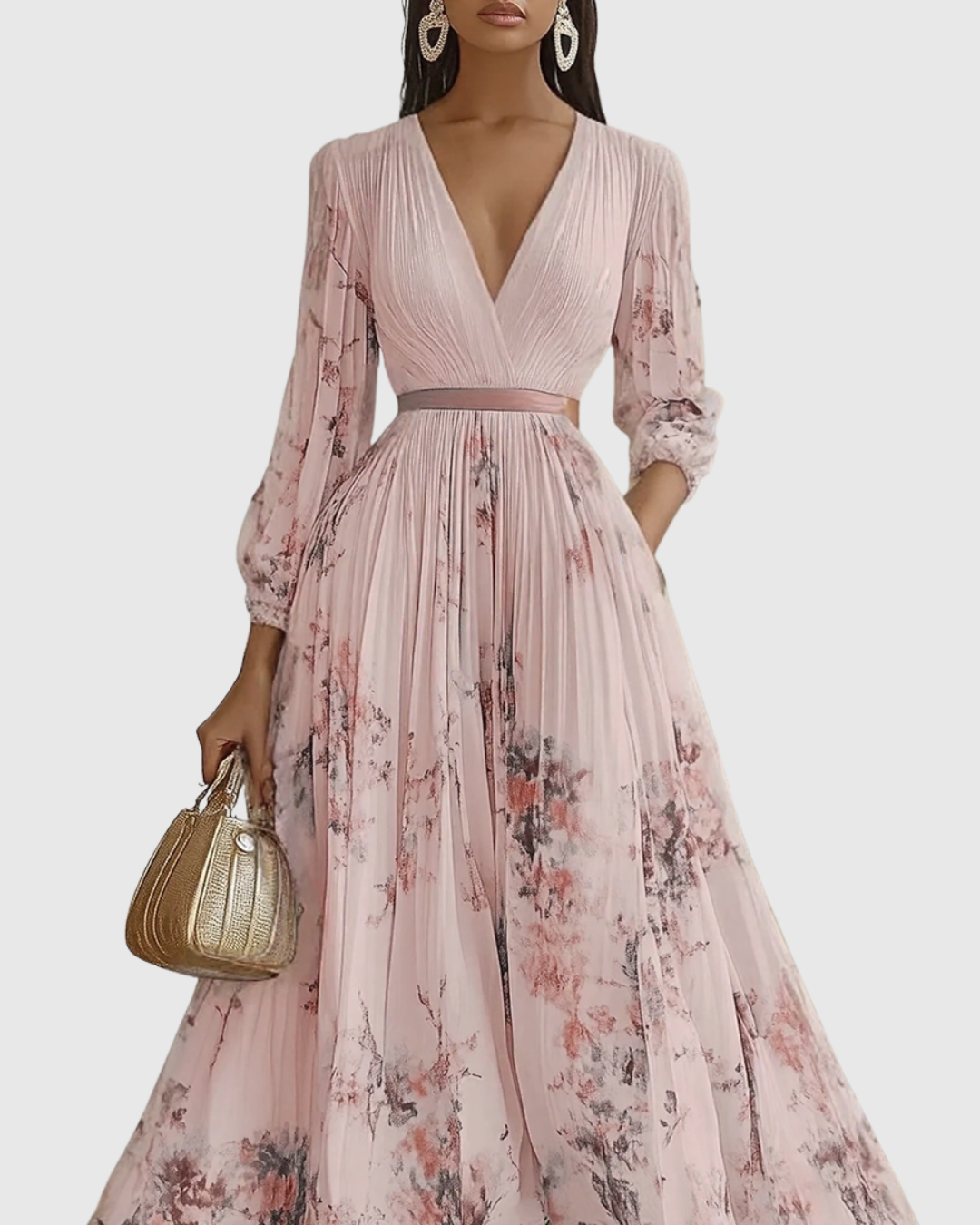 Merel - Abito Maxi con Corpetto Plissettato e Gonna Floreale