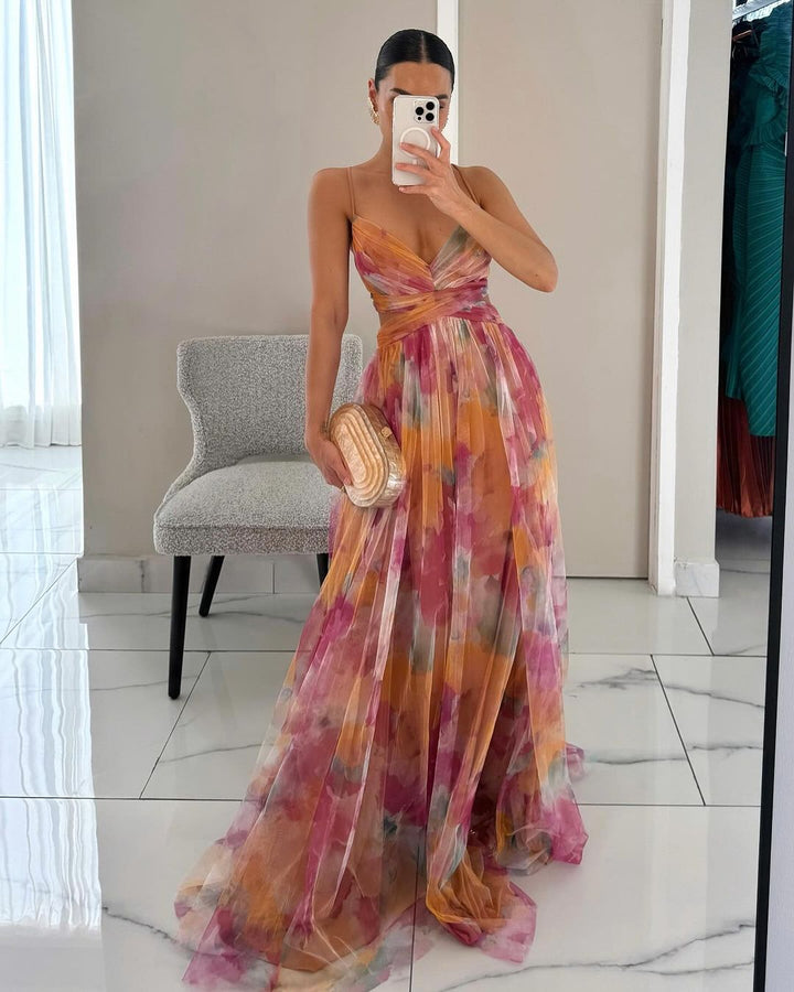 Vera - Abito Maxi con Bretelle e Stampa Floreale