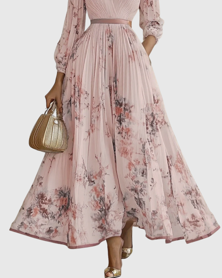 Merel - Abito Maxi con Corpetto Plissettato e Gonna Floreale