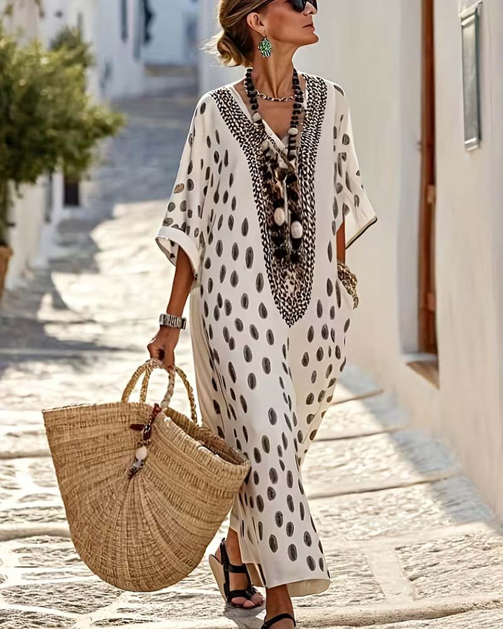Noor - Abito Maxi Dritto con Stampa a Pois e Scollo a V