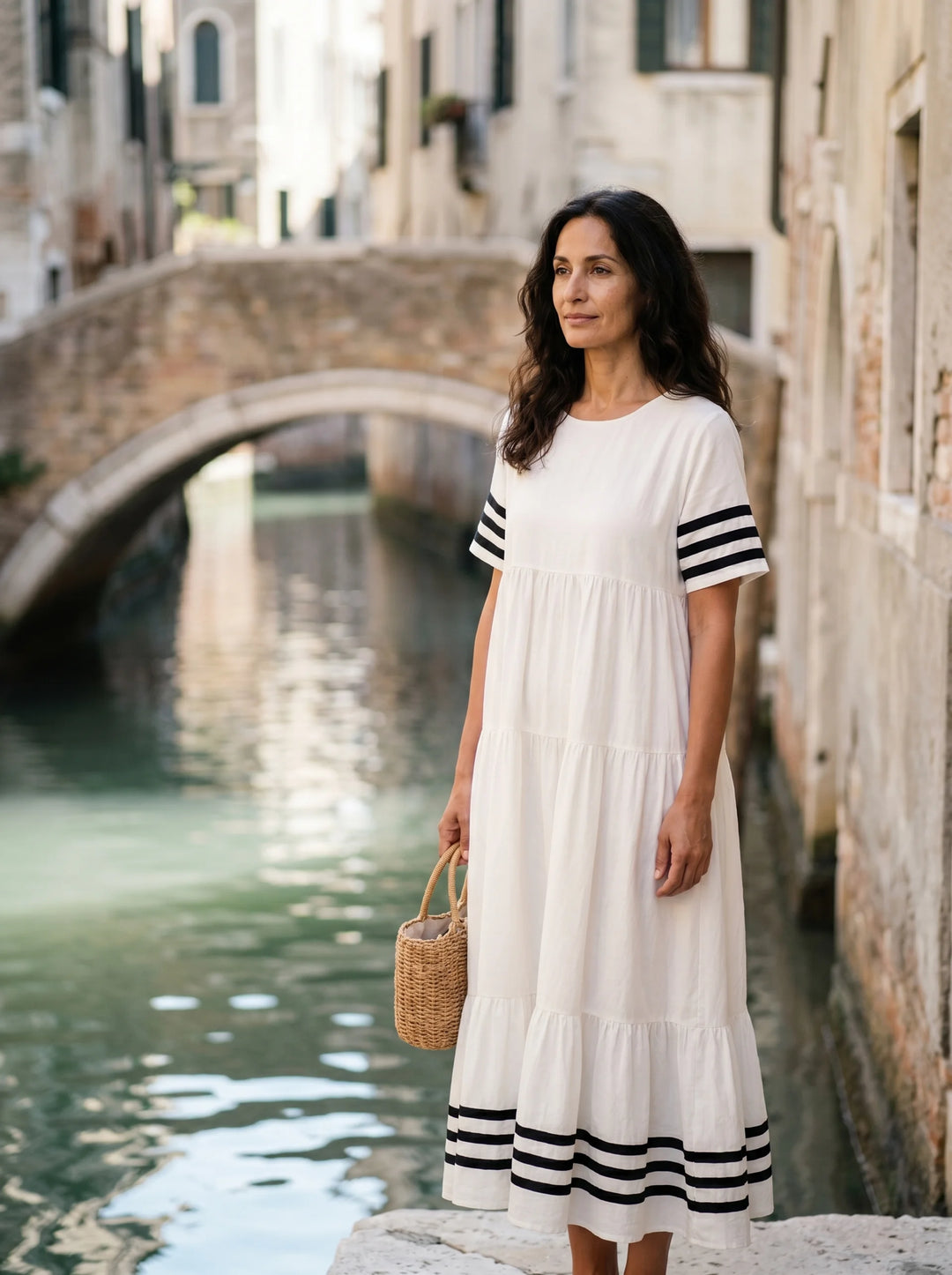 Olivia - Abito Midi Stratificato con Maniche a Righe