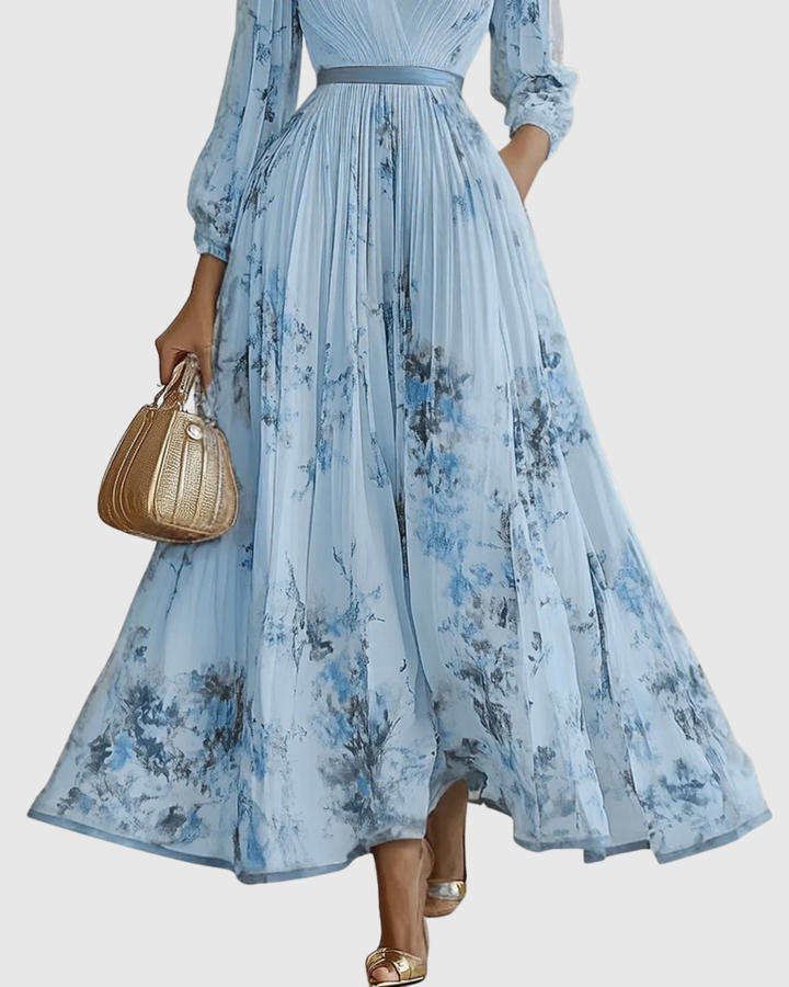 Merel - Abito Maxi con Corpetto Plissettato e Gonna Floreale