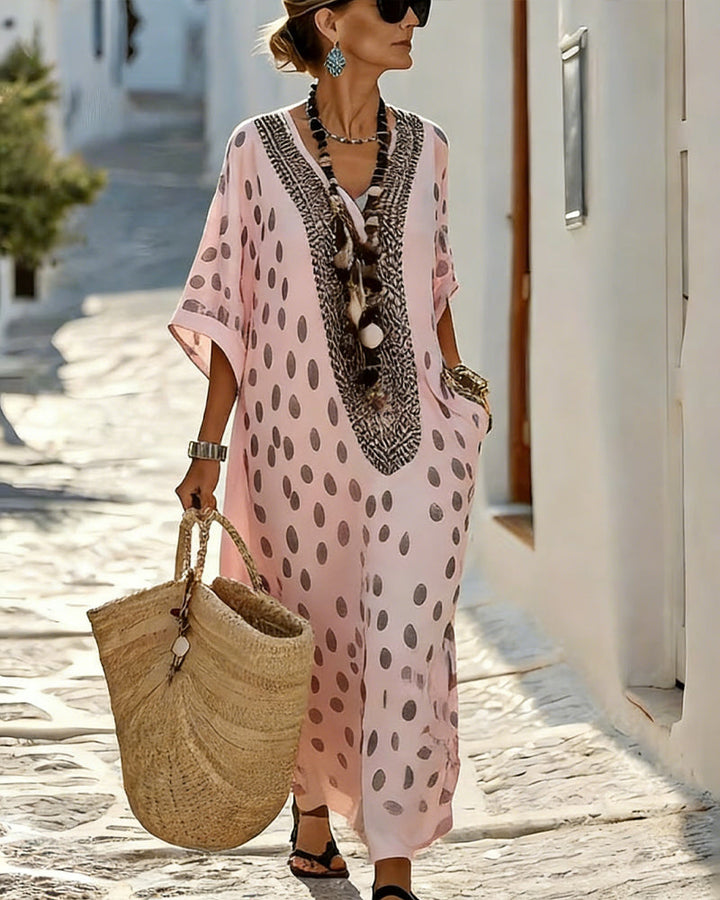 Noor - Abito Maxi Dritto con Stampa a Pois e Scollo a V