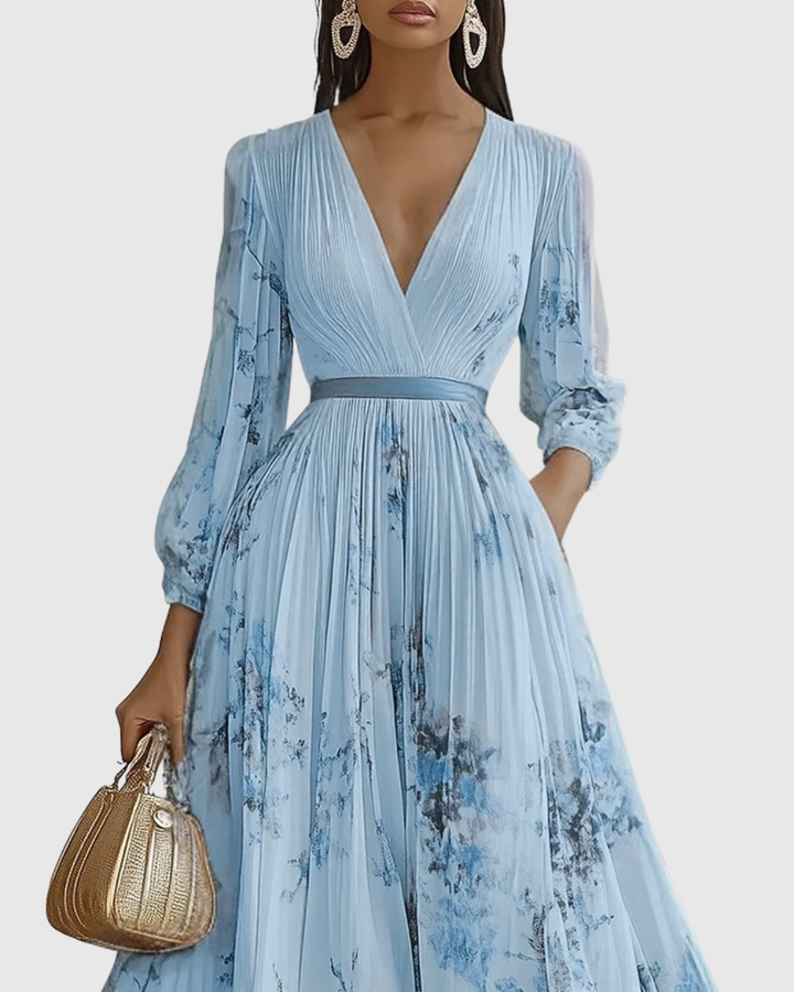 Merel - Abito Maxi con Corpetto Plissettato e Gonna Floreale