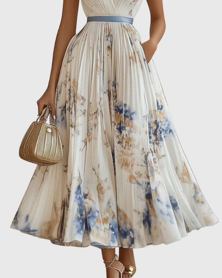 Merel - Abito Maxi con Corpetto Plissettato e Gonna Floreale