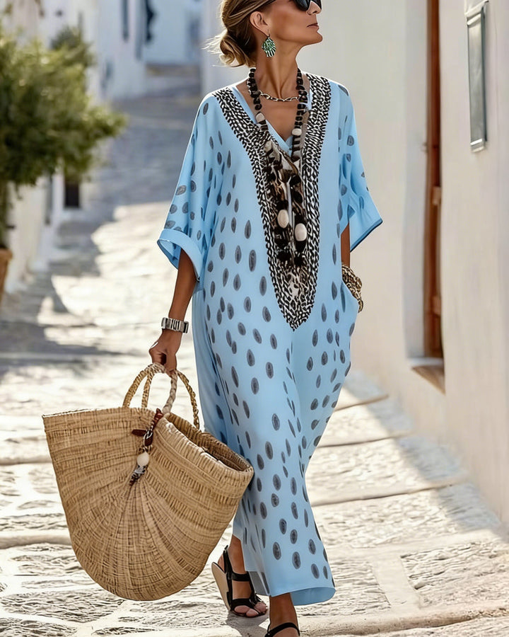 Noor - Abito Maxi Dritto con Stampa a Pois e Scollo a V