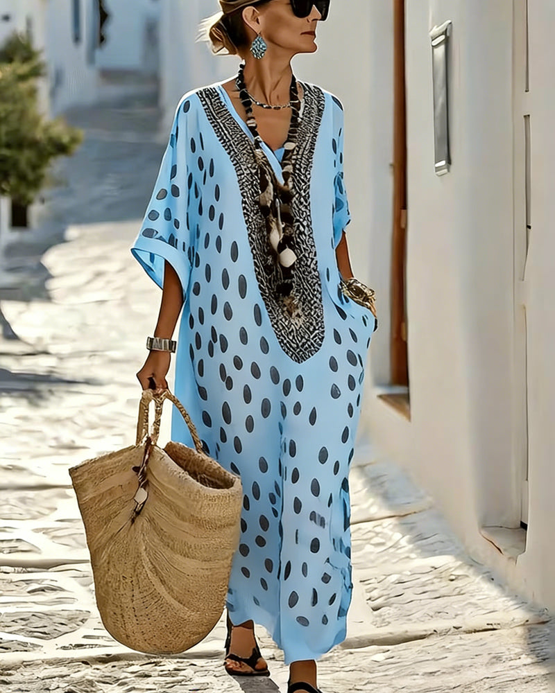 Noor - Abito Maxi Dritto con Stampa a Pois e Scollo a V