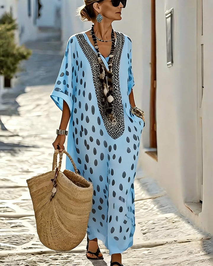 Noor - Abito Maxi Dritto con Stampa a Pois e Scollo a V