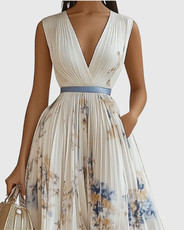 Merel - Abito Maxi con Corpetto Plissettato e Gonna Floreale
