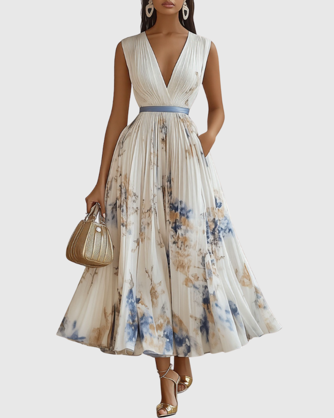 Merel - Abito Maxi con Corpetto Plissettato e Gonna Floreale