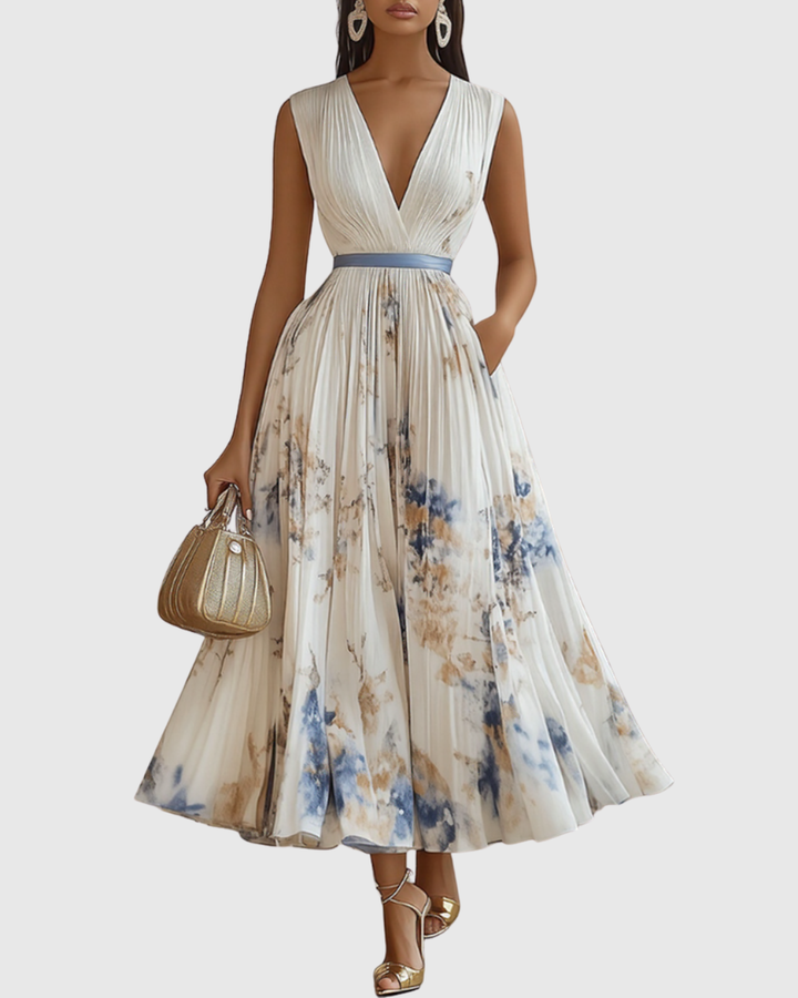 Merel - Abito Maxi con Corpetto Plissettato e Gonna Floreale