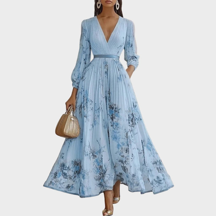 Merel - Abito Maxi con Corpetto Plissettato e Gonna Floreale