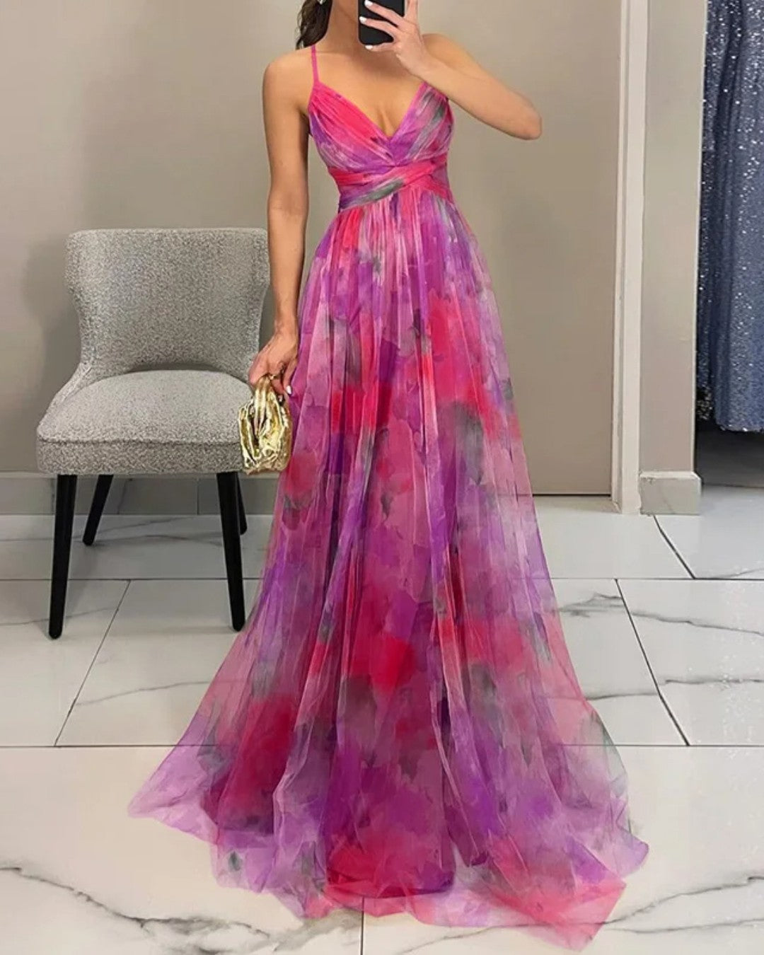 Vera - Abito Maxi con Bretelle e Stampa Floreale
