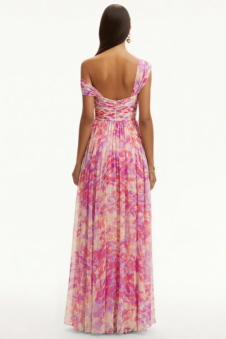 Jasmijn - Abito Maxi Asimmetrico con Stampa Floreale e Spalla Unica