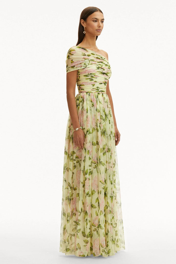 Jasmijn - Abito Maxi Asimmetrico con Stampa Floreale e Spalla Unica