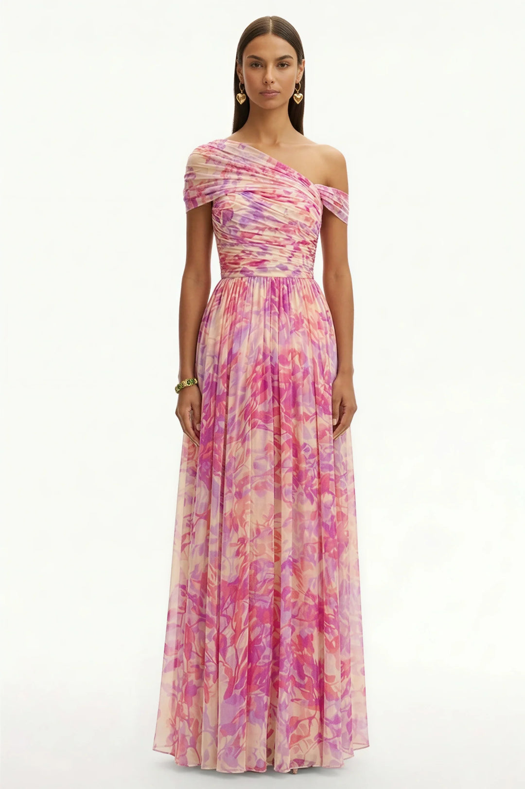Jasmijn - Abito Maxi Asimmetrico con Stampa Floreale e Spalla Unica