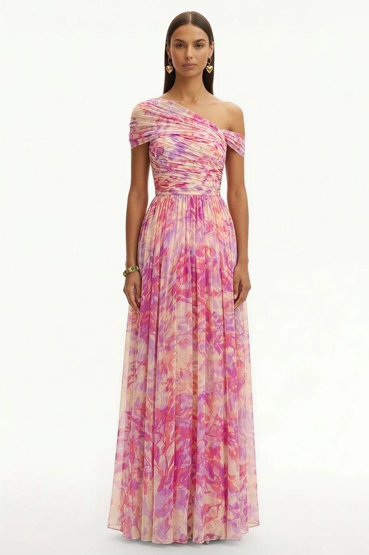 Jasmijn - Abito Maxi Asimmetrico con Stampa Floreale e Spalla Unica