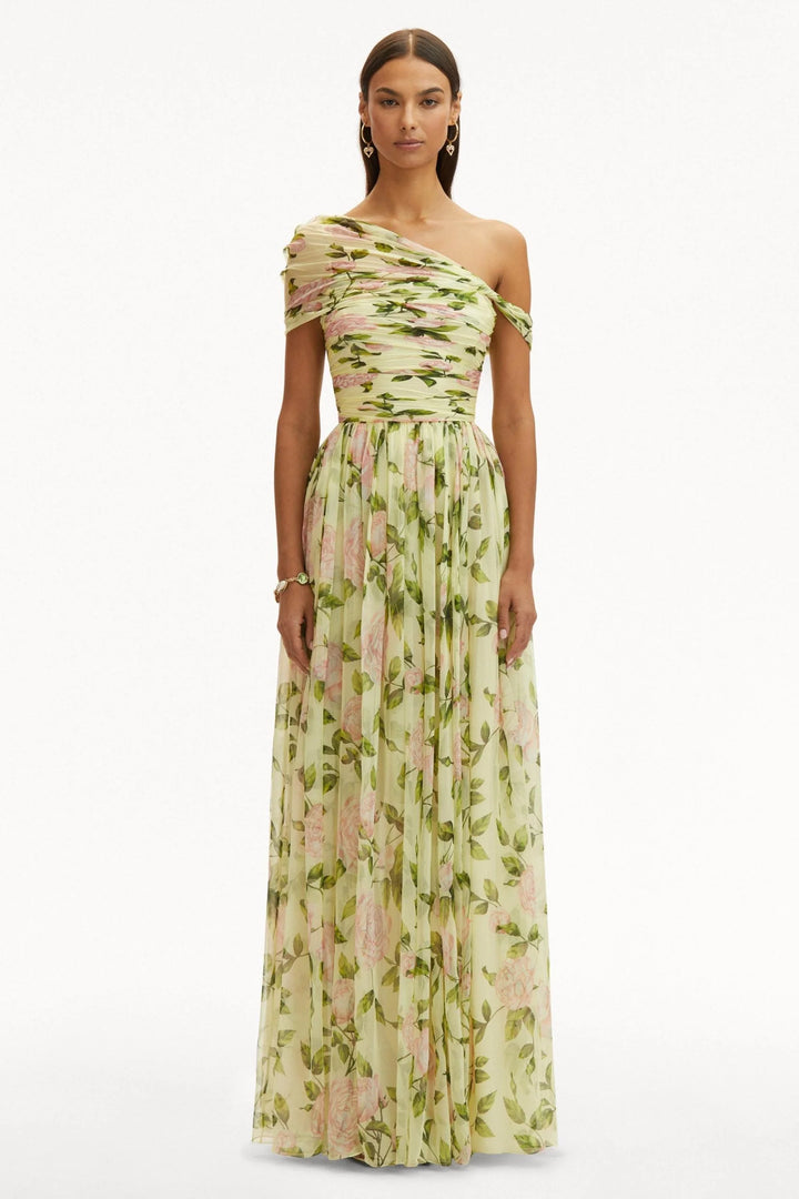 Jasmijn - Abito Maxi Asimmetrico con Stampa Floreale e Spalla Unica