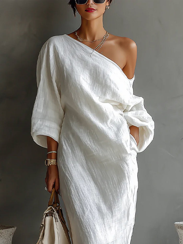 Luna - Abito Maxi Asimmetrico in Misto Cotone-Lino