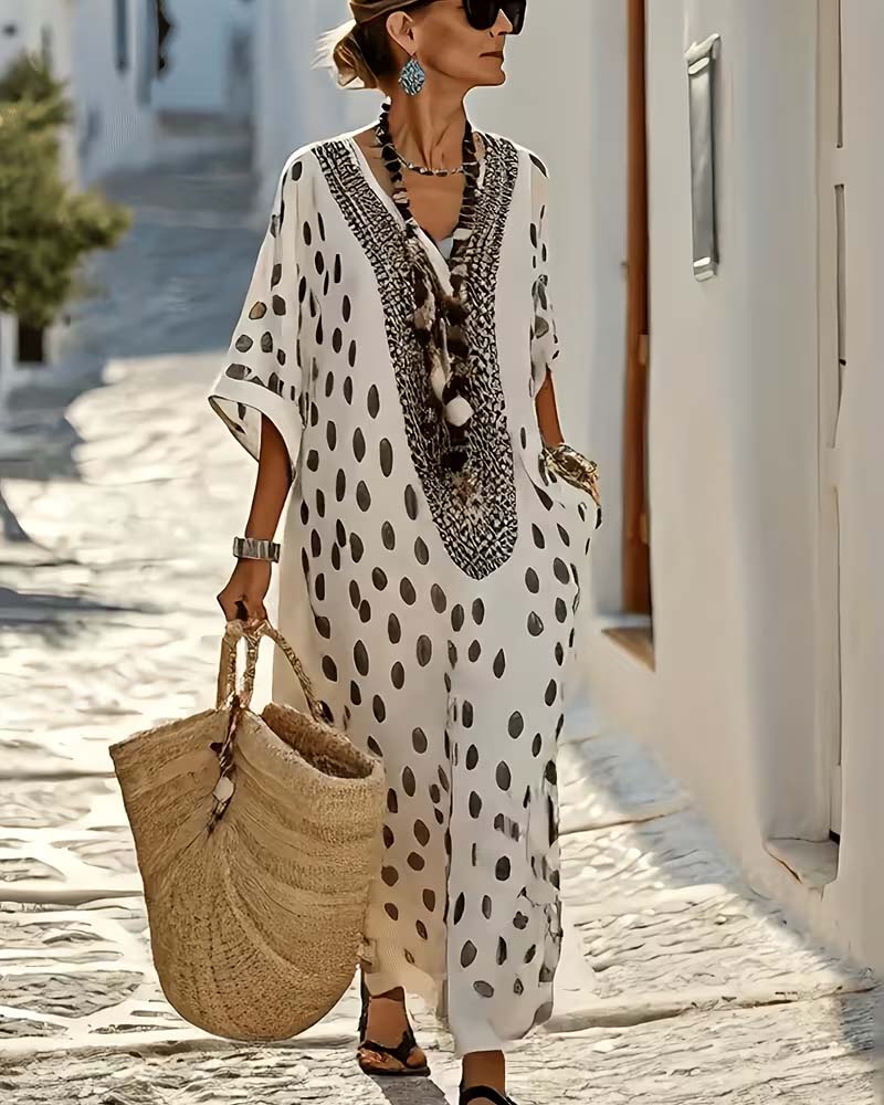 Noor - Abito Maxi Dritto con Stampa a Pois e Scollo a V