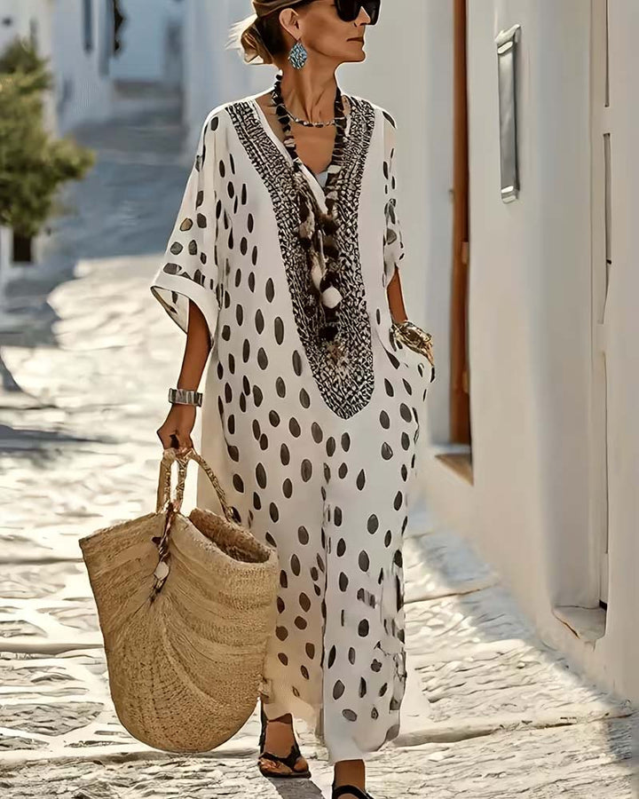 Noor - Abito Maxi Dritto con Stampa a Pois e Scollo a V