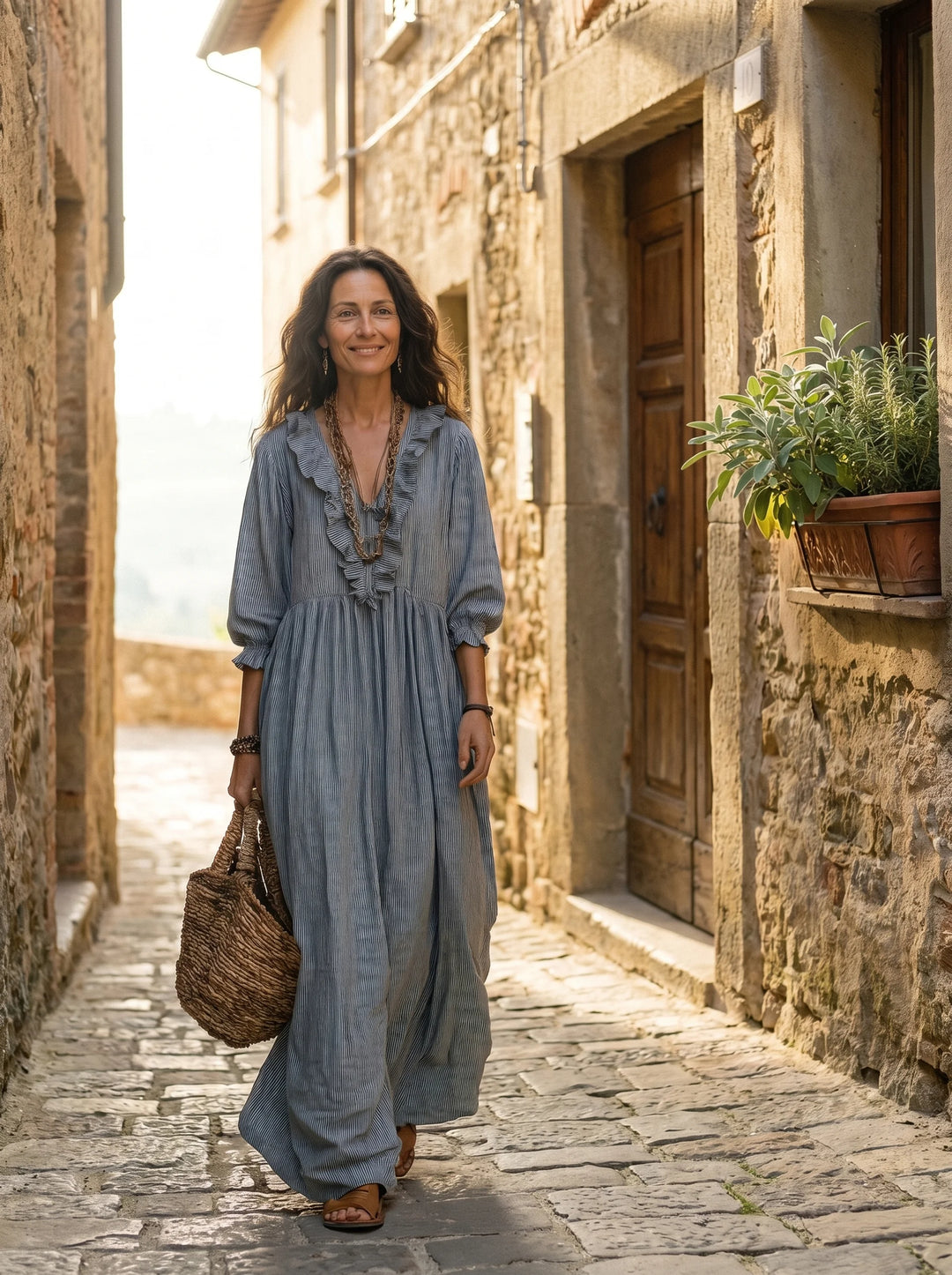 Rosa - Abito Maxi a Righe con Volant e Dettagli Bohème