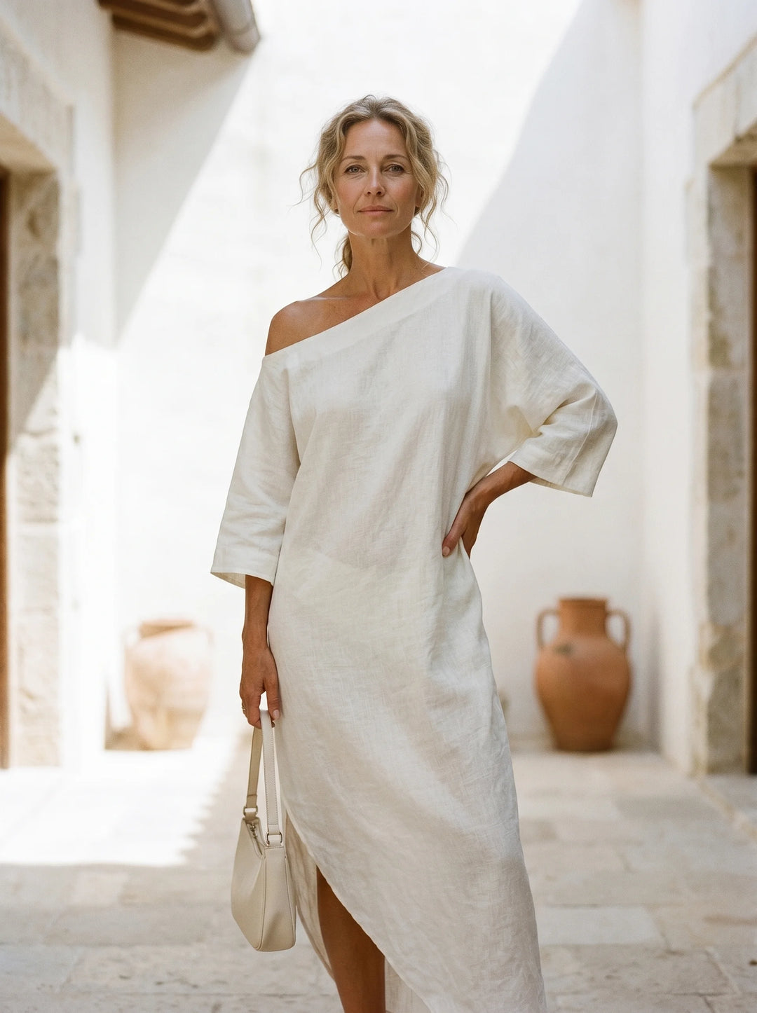 Luna - Abito Maxi Asimmetrico in Misto Cotone-Lino