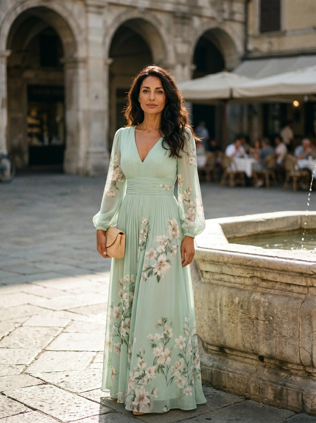 Odelia - Abito Midi con Stampa Floreale e Maniche a Sbuffo