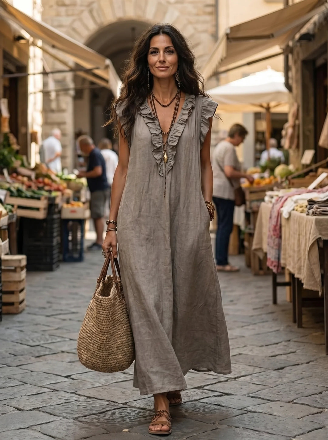 Roos - Abito Maxi Ampio con Volant e Tasche