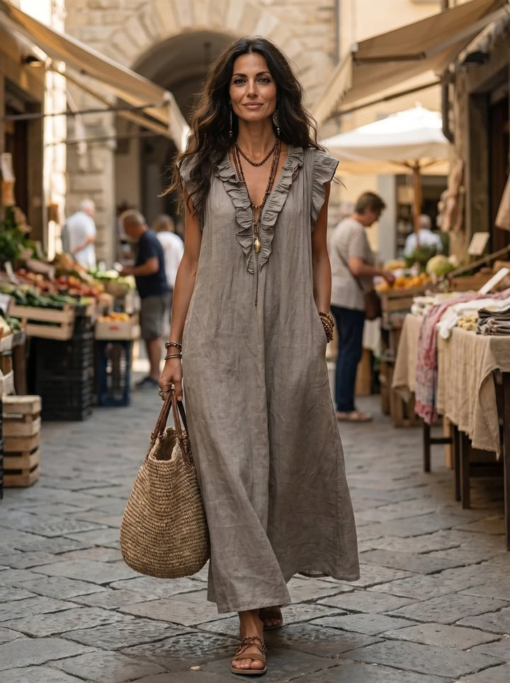 Roos - Abito Maxi Ampio con Volant e Tasche