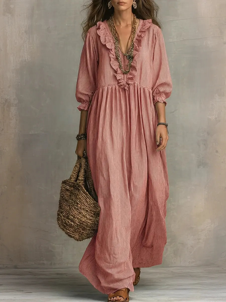 Rosa - Abito Maxi a Righe con Volant e Dettagli Bohème