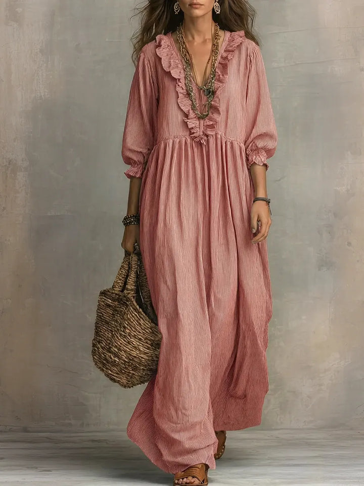 Rosa - Abito Maxi a Righe con Volant e Dettagli Bohème